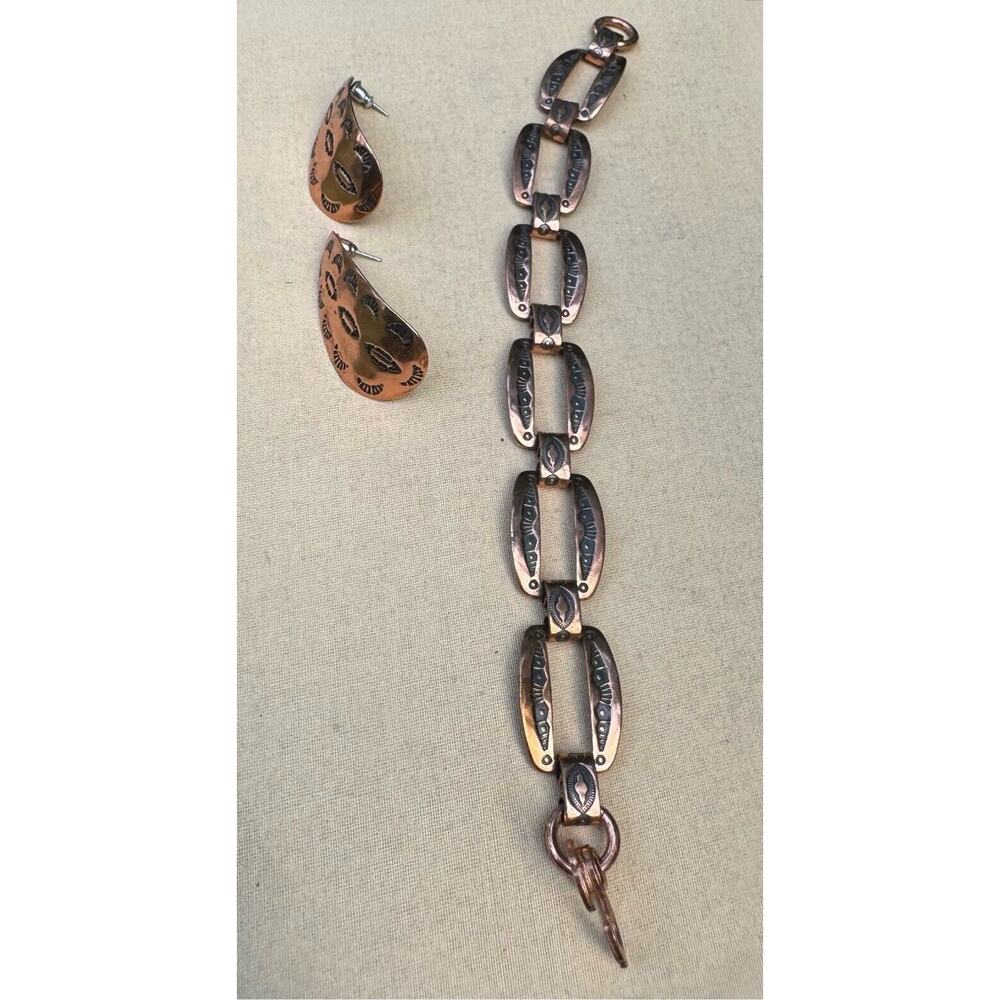 Vintage Large Copper Stamped Etched Link Bracelet 8" Earring Set Artisan